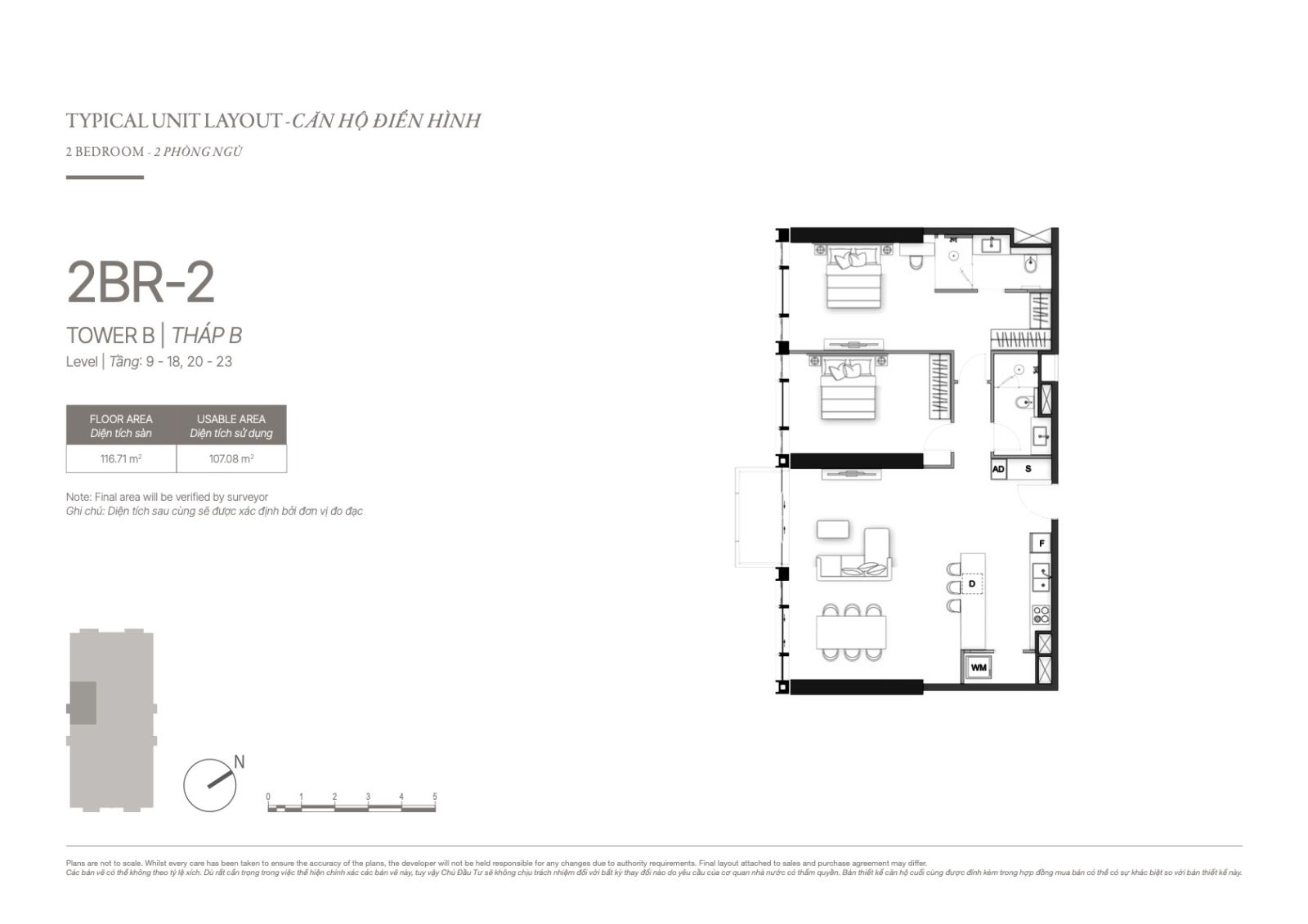 layout căn hộ 2 phòng ngủ The Opusk