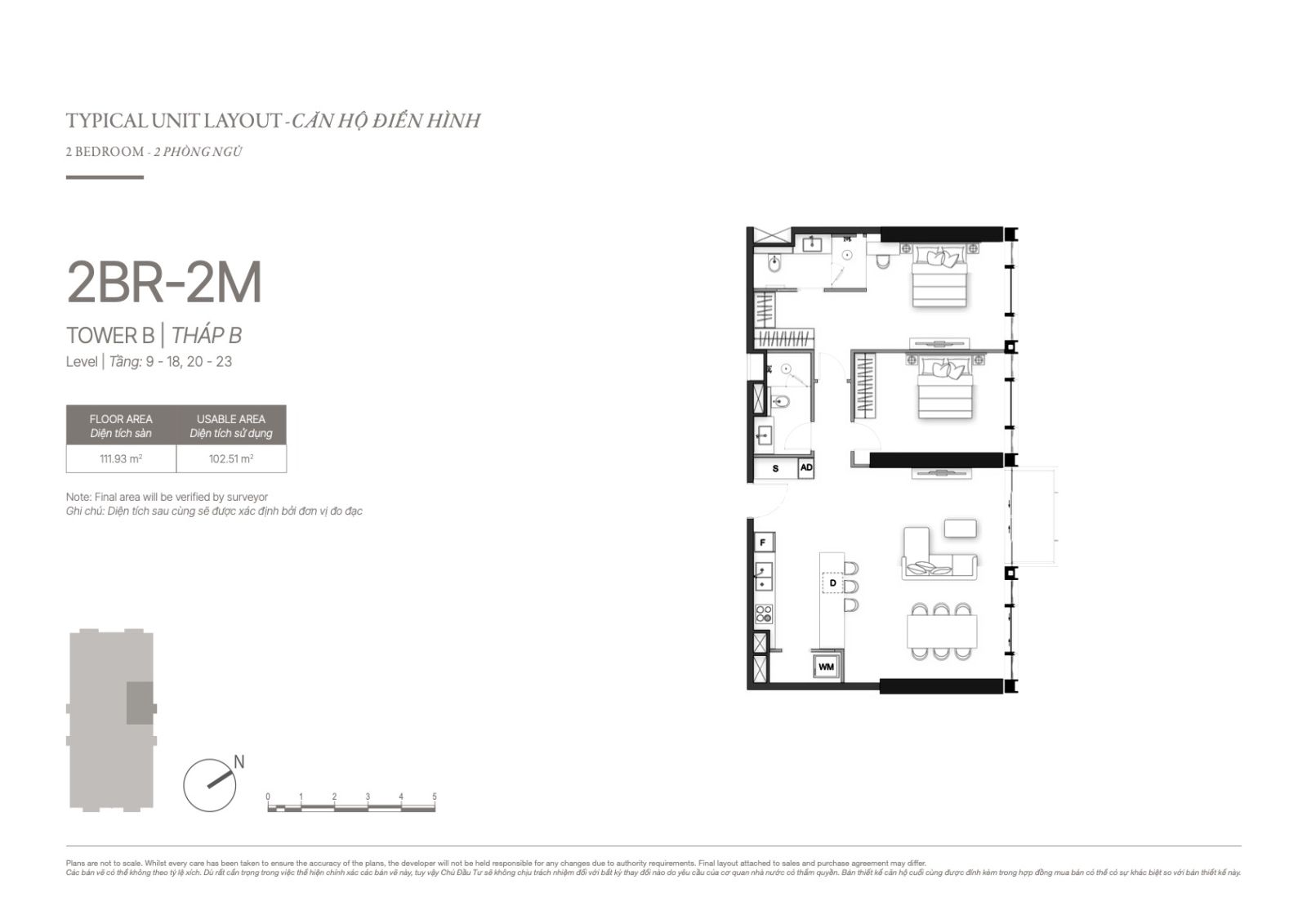 layout căn hộ 2 phòng ngủ The Opusk