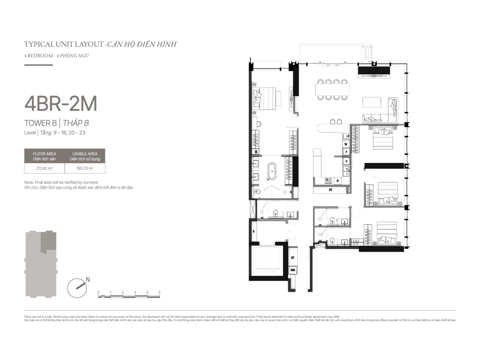 Layout căn hộ 4 phòng ngủ The Opusk từ tầng 9-18, 20-23