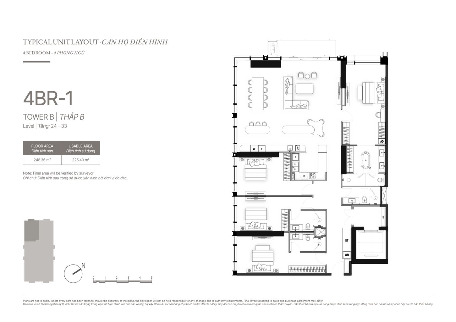 Layout căn hộ 2 phòng ngủ The Opusk từ tầng 24-33