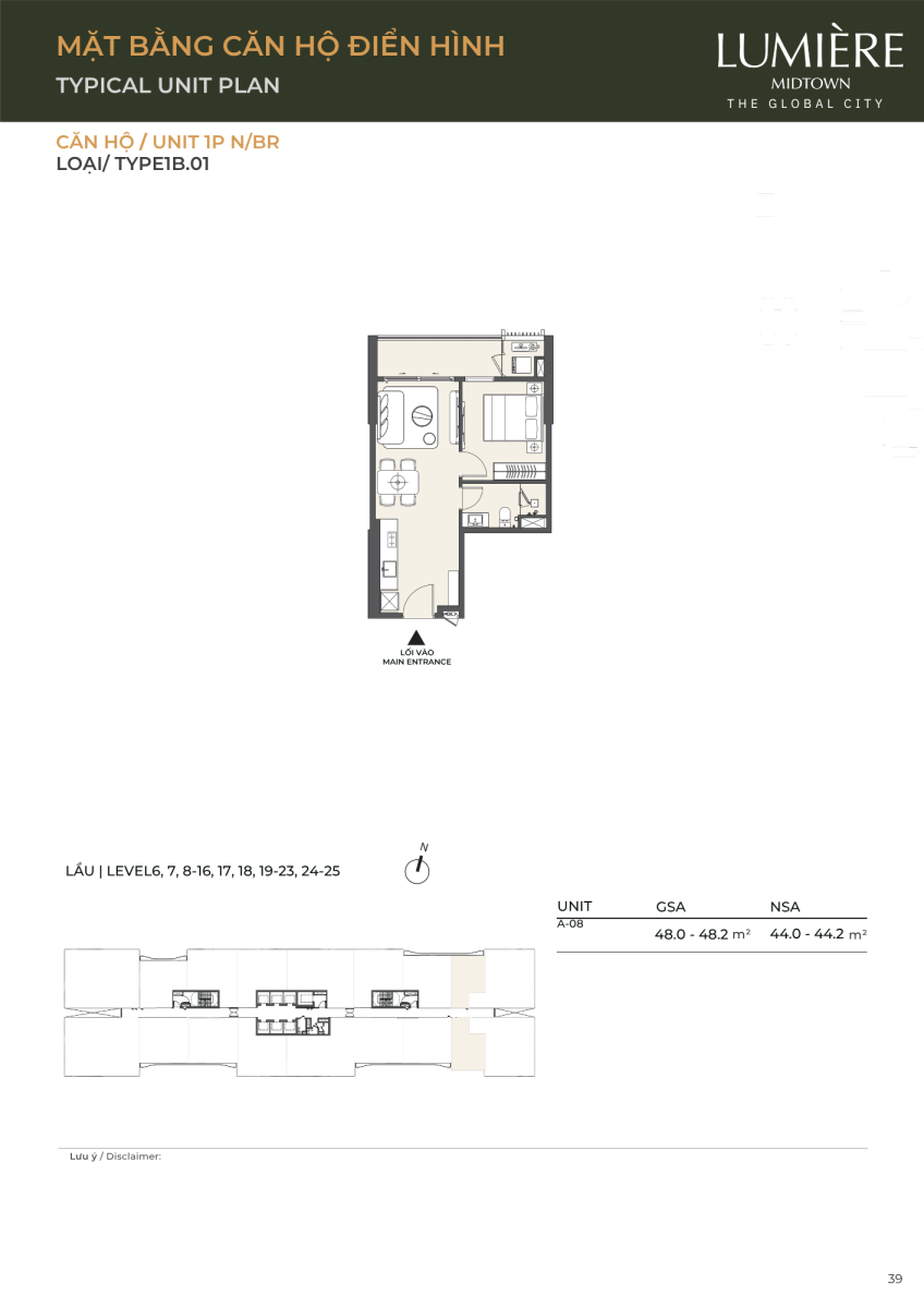 Mặt bằng căn hộ 1 phòng ngủ 48.2m2 dự án Lumiere Midtown The Global City 
