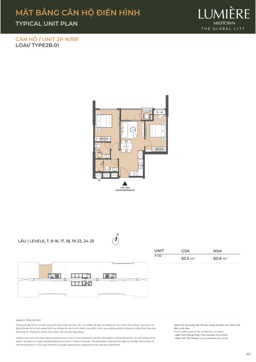 Mặt bằng căn hộ 2 phòng ngủ 65.5m2 dự án Lumiere Midtown The Global City 