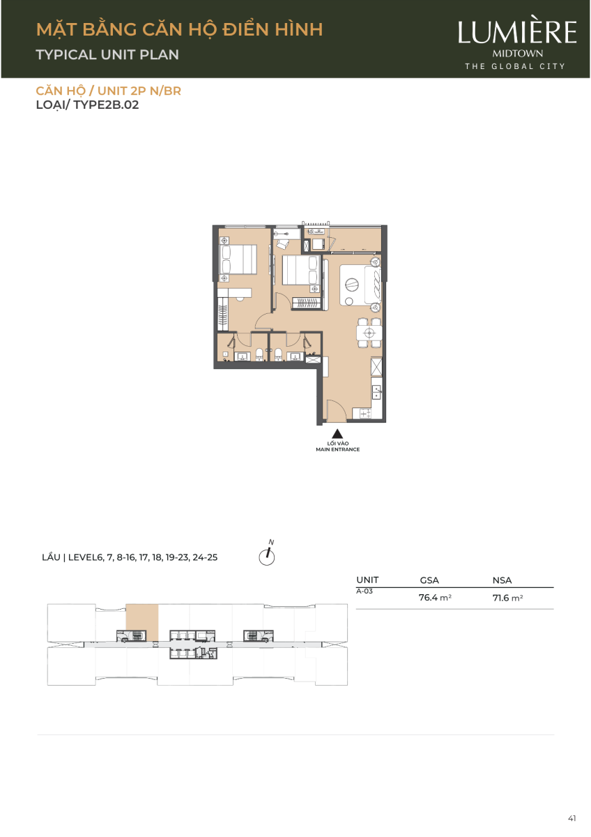 Mặt bằng căn hộ 2 phòng ngủ 76.4m2 dự án Lumiere Midtown The Global City 