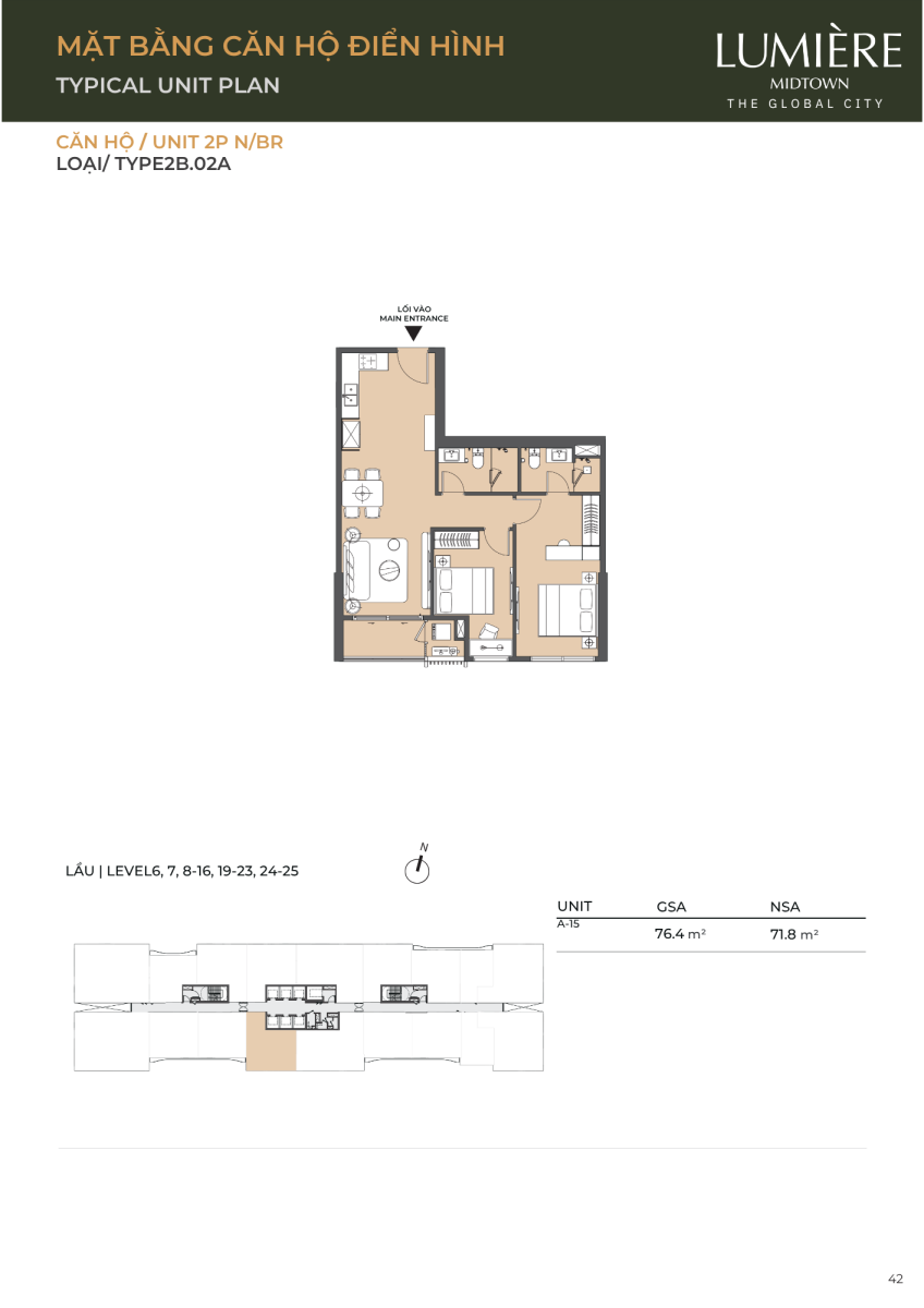 Mặt bằng căn hộ 2 phòng ngủ 76.4m2 dự án Lumiere Midtown The Global City 