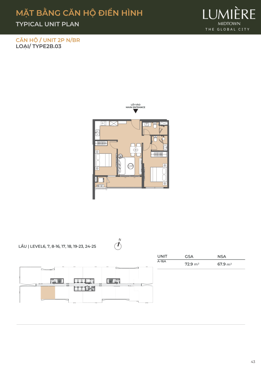 Mặt bằng căn hộ 2 phòng ngủ 72.9m2 dự án Lumiere Midtown The Global City 