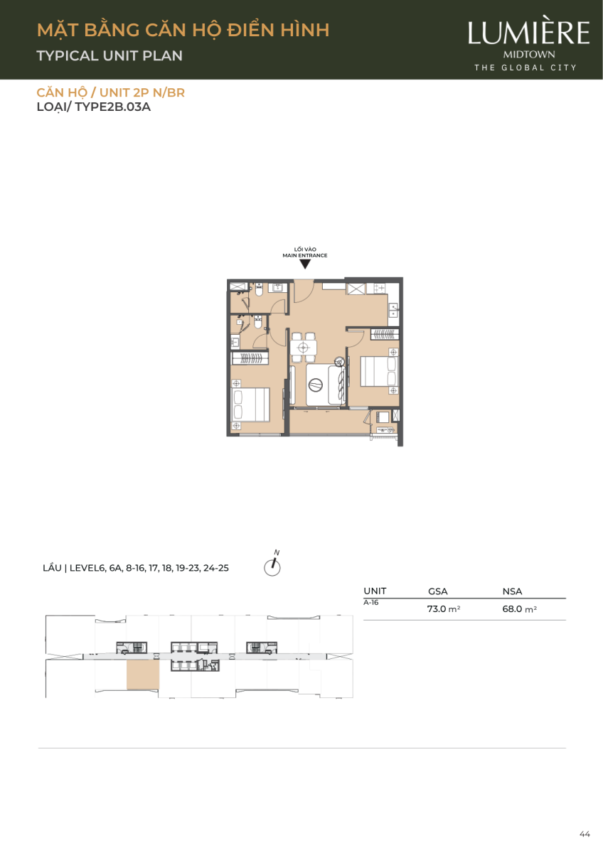 Mặt bằng căn hộ 2 phòng ngủ 73.0m2 dự án Lumiere Midtown The Global City