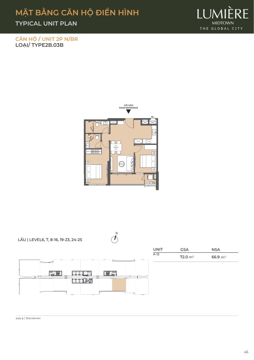 Mặt bằng căn hộ 2 phòng ngủ 72.0m2 dự án Lumiere Midtown The Global City