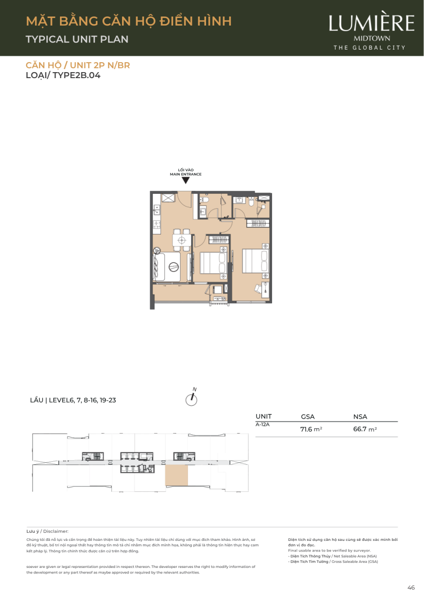 Mặt bằng căn hộ 2 phòng ngủ 71.6m2 dự án Lumiere Midtown The Global City