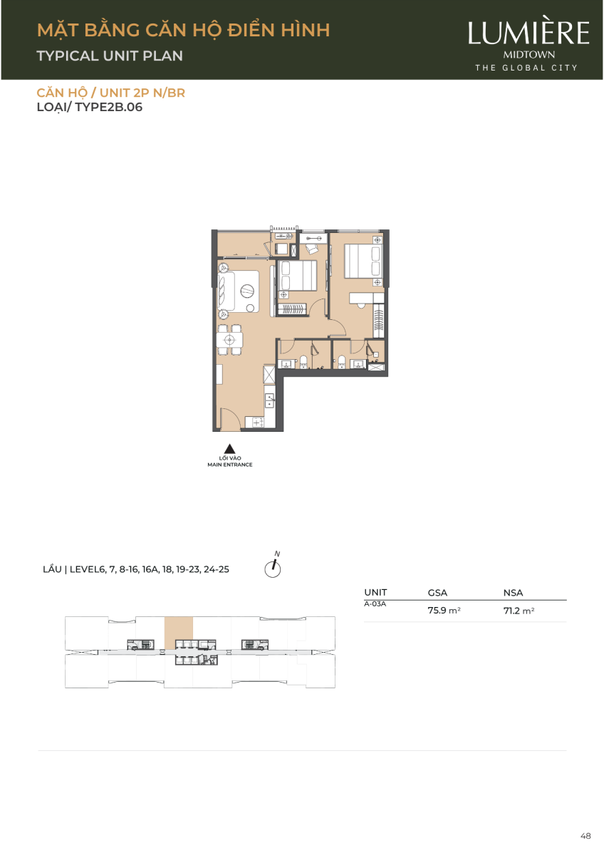Mặt bằng căn hộ 2 phòng ngủ 75.9m2 dự án Lumiere Midtown The Global City