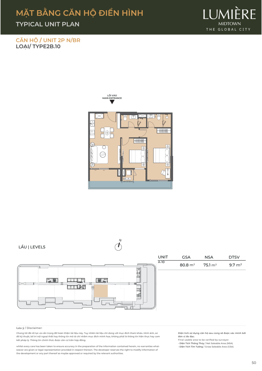 Mặt bằng căn hộ sân vườn 2 phòng ngủ 80.8m2 dự án Lumiere Midtown The Global City