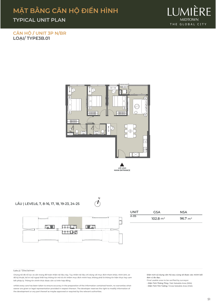 Mặt bằng căn hộ 3 phòng ngủ 102.8m2 dự án Lumiere Midtown The Global City