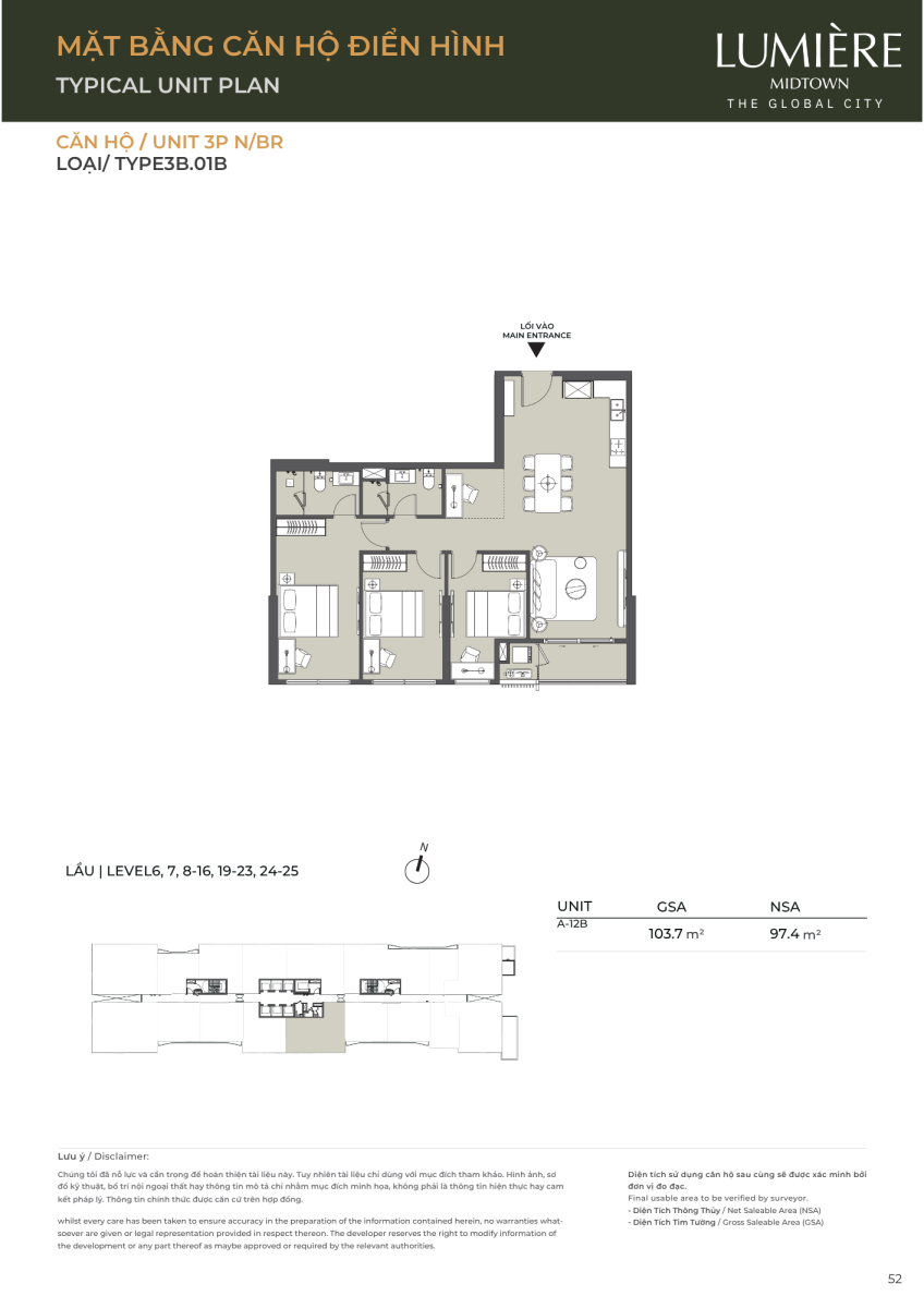Mặt bằng căn hộ 3 phòng ngủ 103.7m2 dự án Lumiere Midtown The Global City