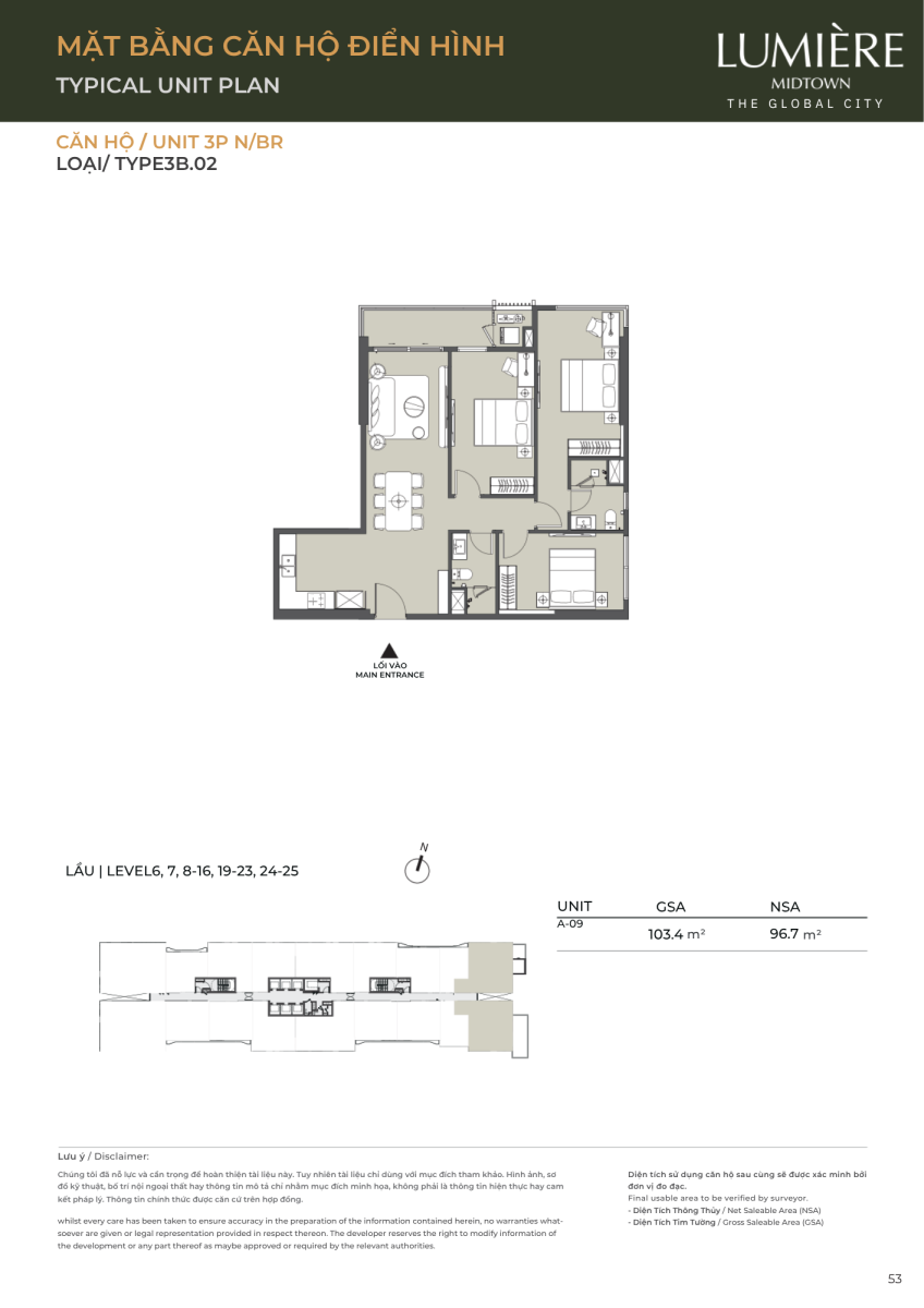 Mặt bằng căn hộ 3 phòng ngủ 103.4m2 dự án Lumiere Midtown The Global City