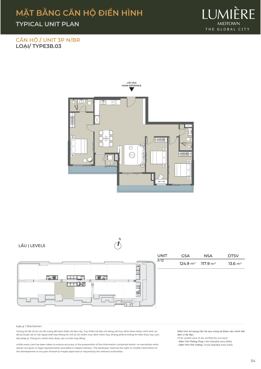 Mặt bằng căn hộ sân vườn 3 phòng ngủ 124.9m2 dự án Lumiere Midtown The Global City