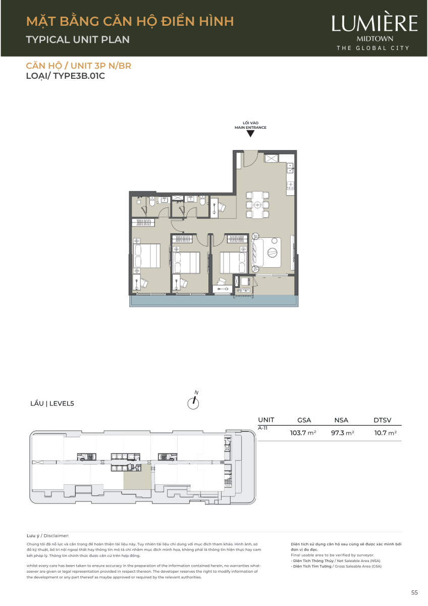 Mặt bằng căn hộ sân vườn 3 phòng ngủ 103.7m2 dự án Lumiere Midtown The Global City