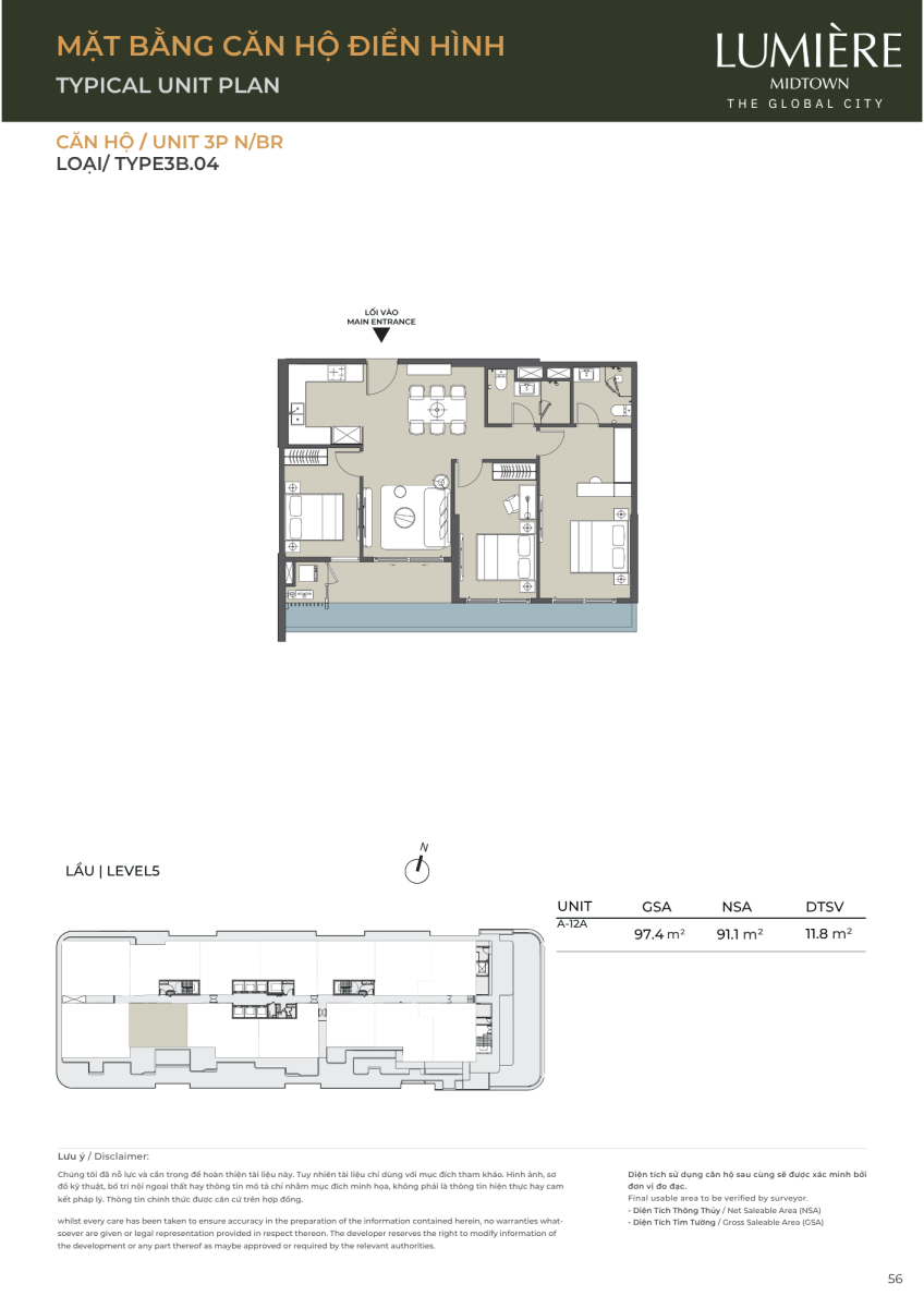  Mặt bằng căn hộ sân vườn 3 phòng ngủ 97.4m2 dự án Lumiere Midtown The Global City