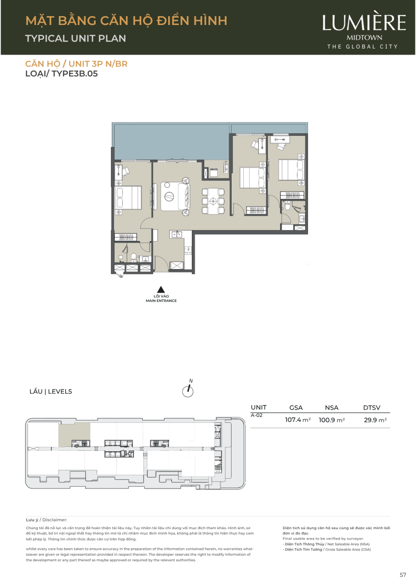 Mặt bằng căn hộ sân vườn 3 phòng ngủ 107.4m2 dự án Lumiere Midtown The Global City