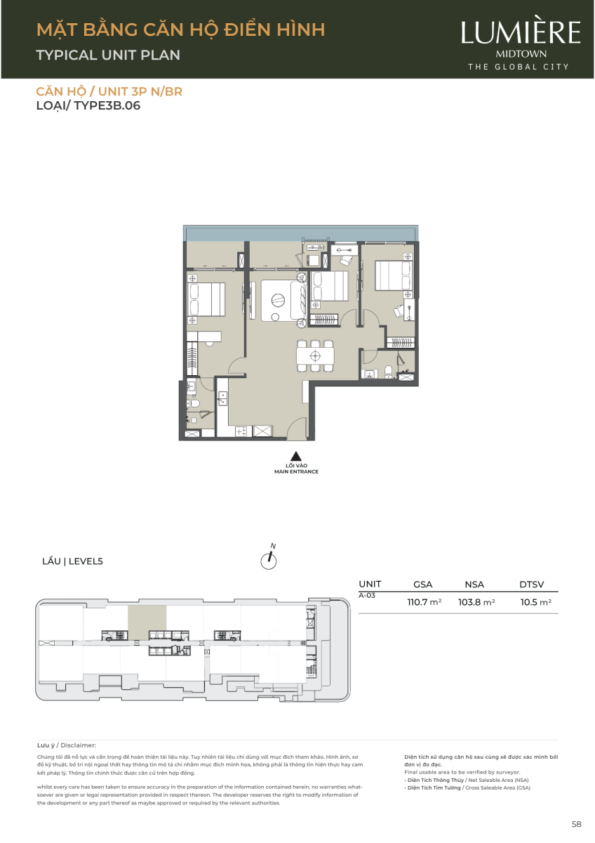 Mặt bằng căn hộ sân vườn 3 phòng ngủ 110.7m2 dự án Lumiere Midtown The Global City