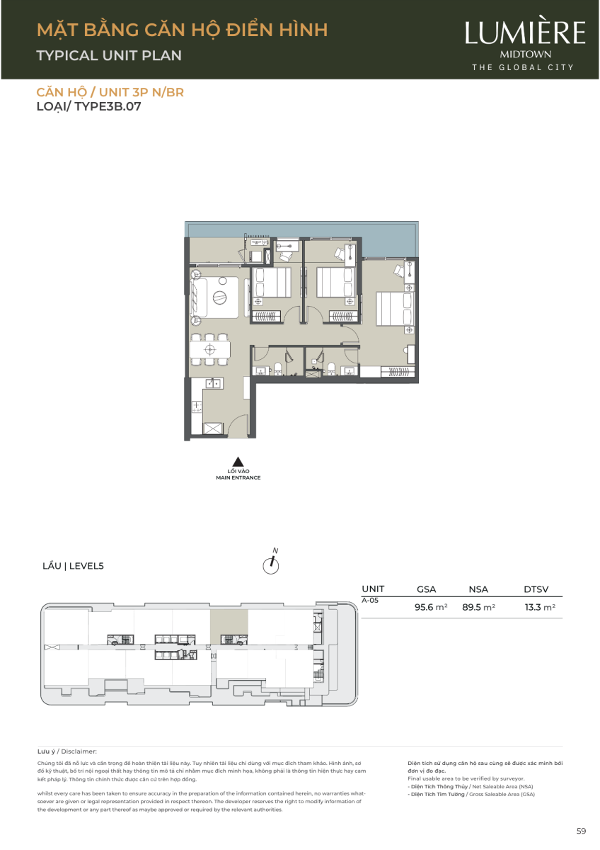 Mặt bằng căn hộ sân vườn 3 phòng ngủ 95.6m2 dự án Lumiere Midtown The Global City