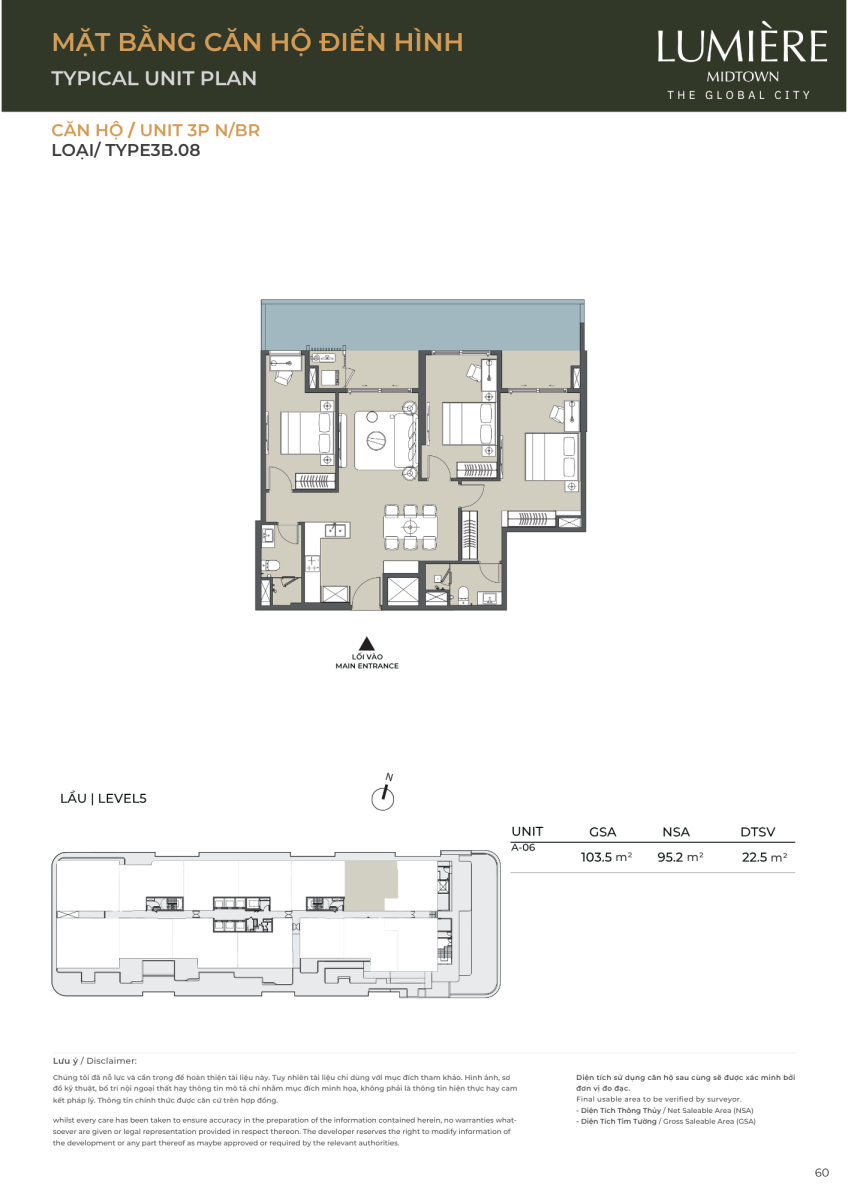 Mặt bằng căn hộ sân vườn 3 phòng ngủ 103.5m2 dự án Lumiere Midtown The Global City