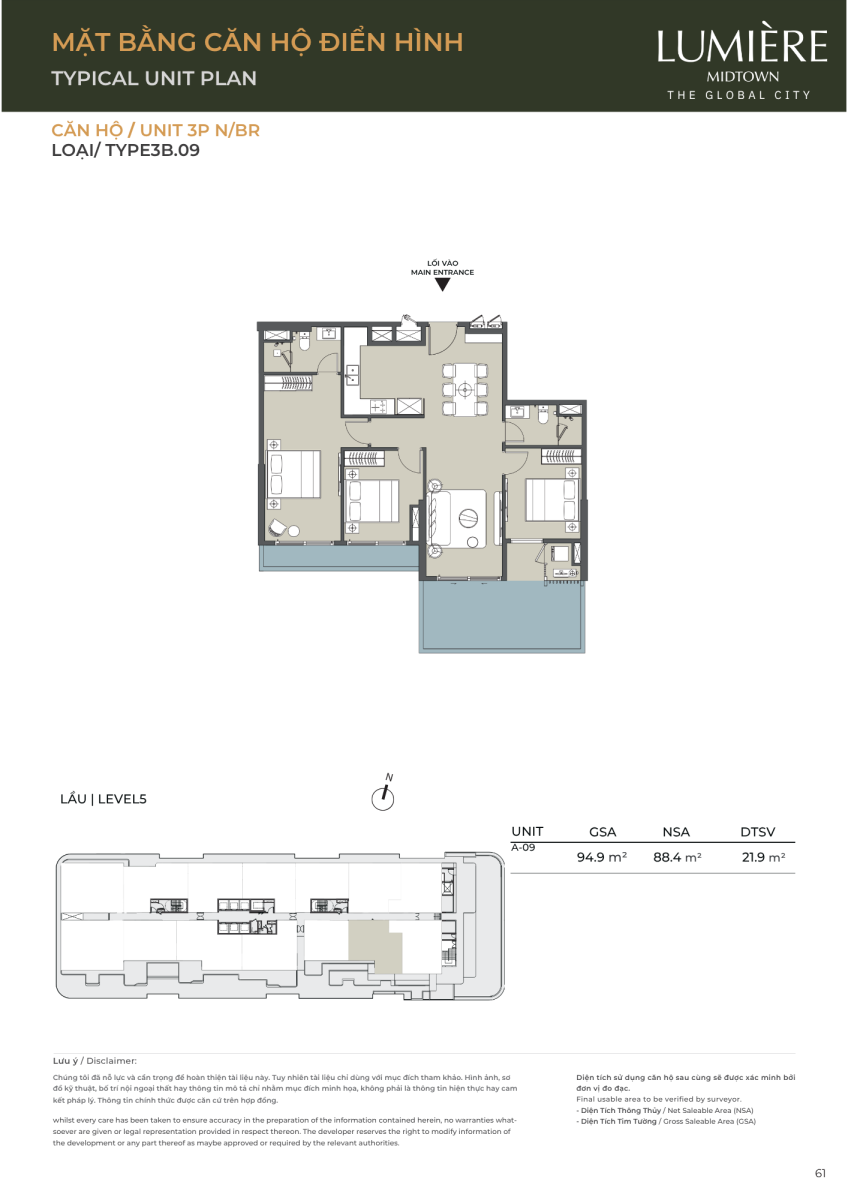 Mặt bằng căn hộ sân vườn 3 phòng ngủ 94.9m2 dự án Lumiere Midtown The Global City