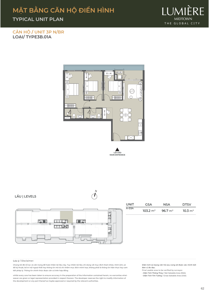 Mặt bằng căn hộ sân vườn 3 phòng ngủ 103.2m2 dự án Lumiere Midtown The Global City