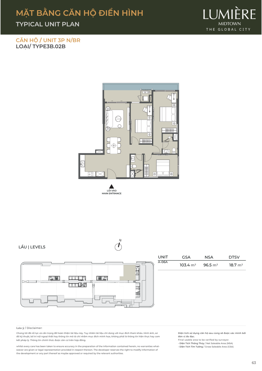 Mặt bằng căn hộ sân vườn 3 phòng ngủ 103.4m2 dự án Lumiere Midtown The Global City
