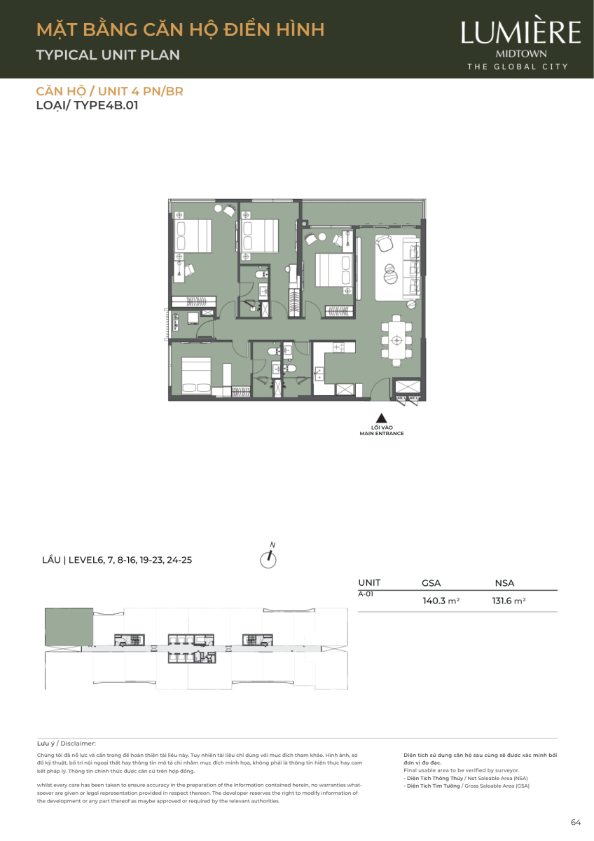Mặt bằng căn hộ 4 phòng ngủ 140.3m2 dự án Lumiere Midtown The Global City