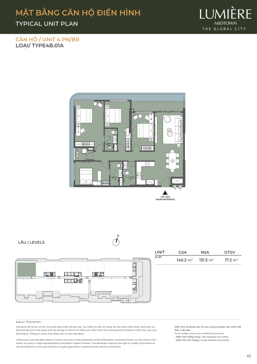 Mặt bằng căn hộ sân vườn 4 phòng ngủ 140.2m2 dự án Lumiere Midtown The Global City