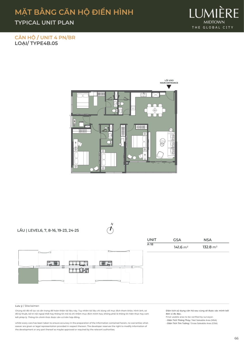 Mặt bằng căn hộ 4 phòng ngủ 141.6m2 dự án Lumiere Midtown The Global City