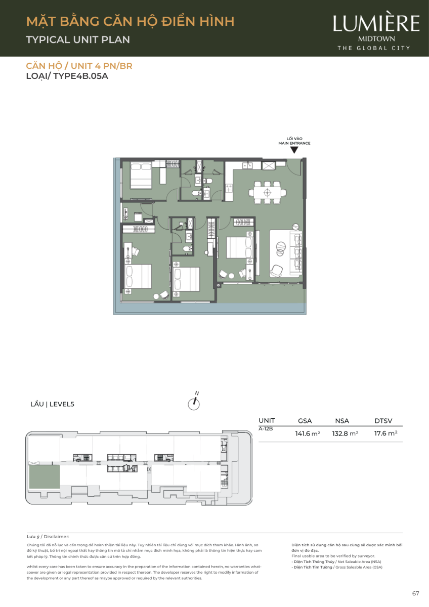 Mặt bằng căn hộ sân vườn 4 phòng ngủ 141.6m2 dự án Lumiere Midtown The Global City