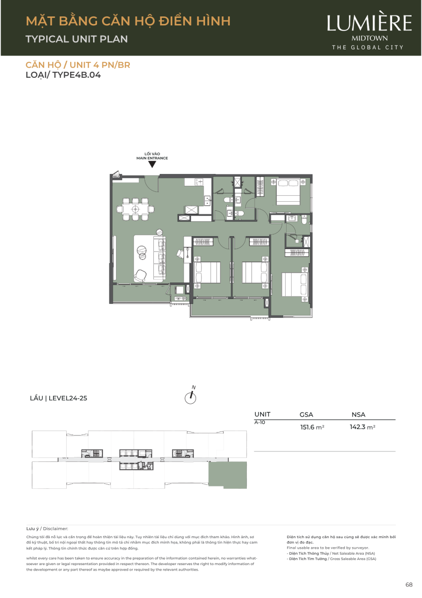Mặt bằng căn hộ 4 phòng ngủ 151.6m2 dự án Lumiere Midtown The Global City