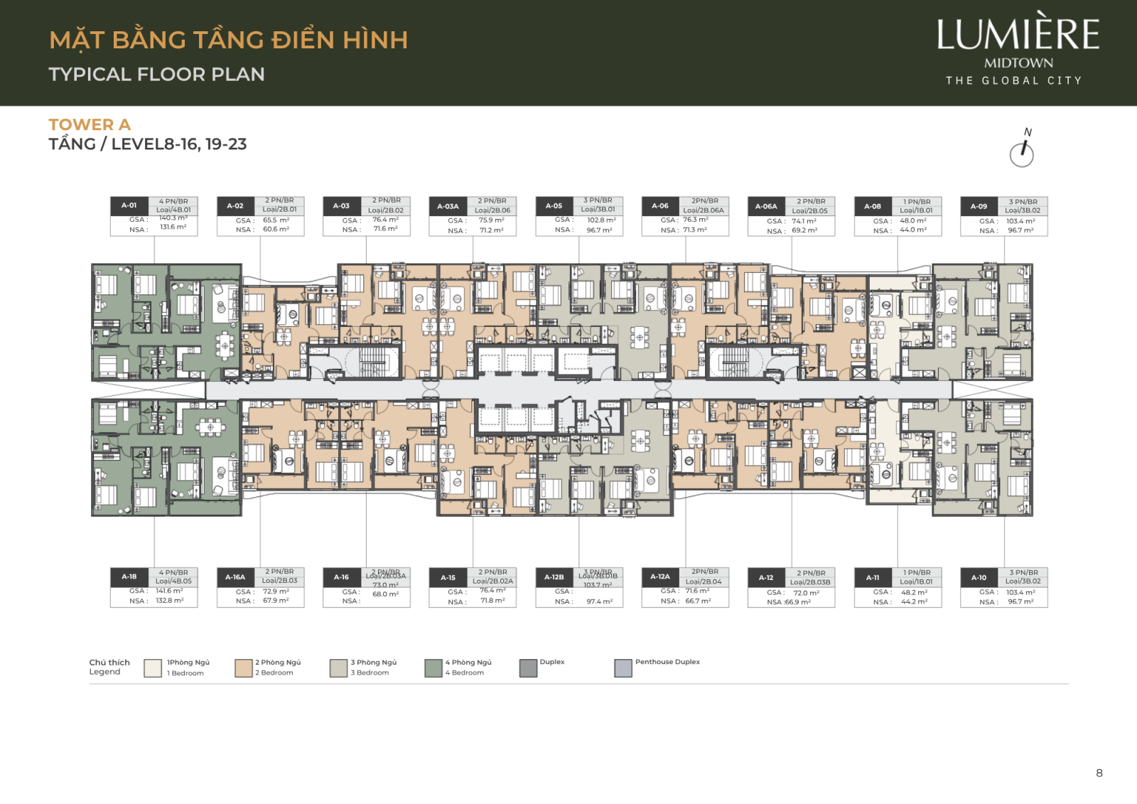 Mặt bằng tầng 8 đến tầng 16 và tầng 19 đến tầng 23 dự án Lumiere Midtown The Global City 