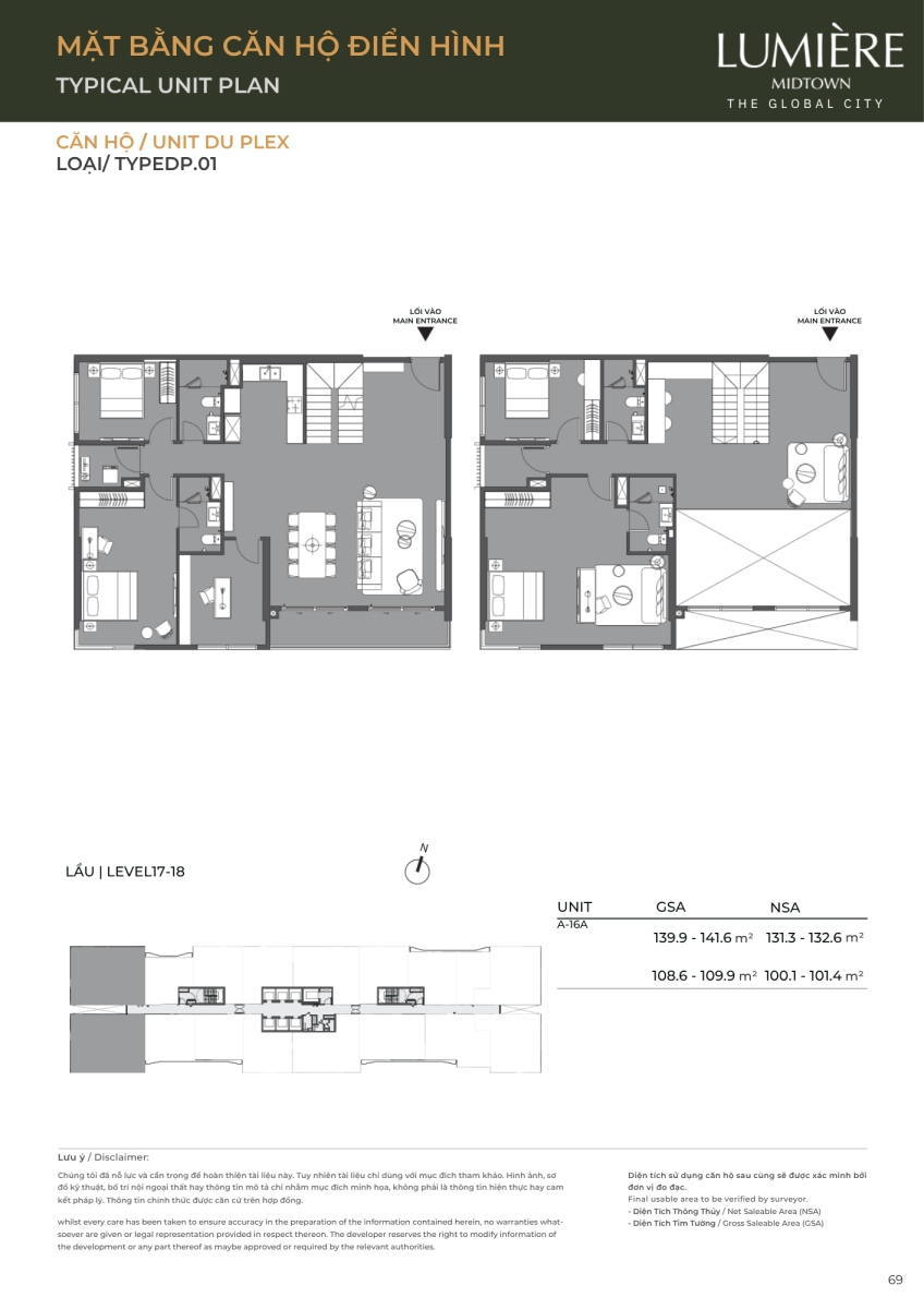 Mặt bằng căn hộ duplex 141.6m2 dự án Lumiere Midtown The Global City