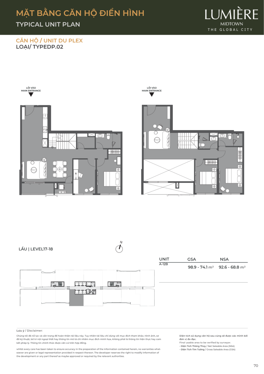 Mặt bằng căn hộ duplex 98.9m2 dự án Lumiere Midtown The Global City
