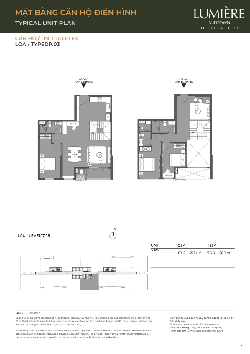 Mặt bằng căn hộ duplex 81.6m2 dự án Lumiere Midtown The Global City
