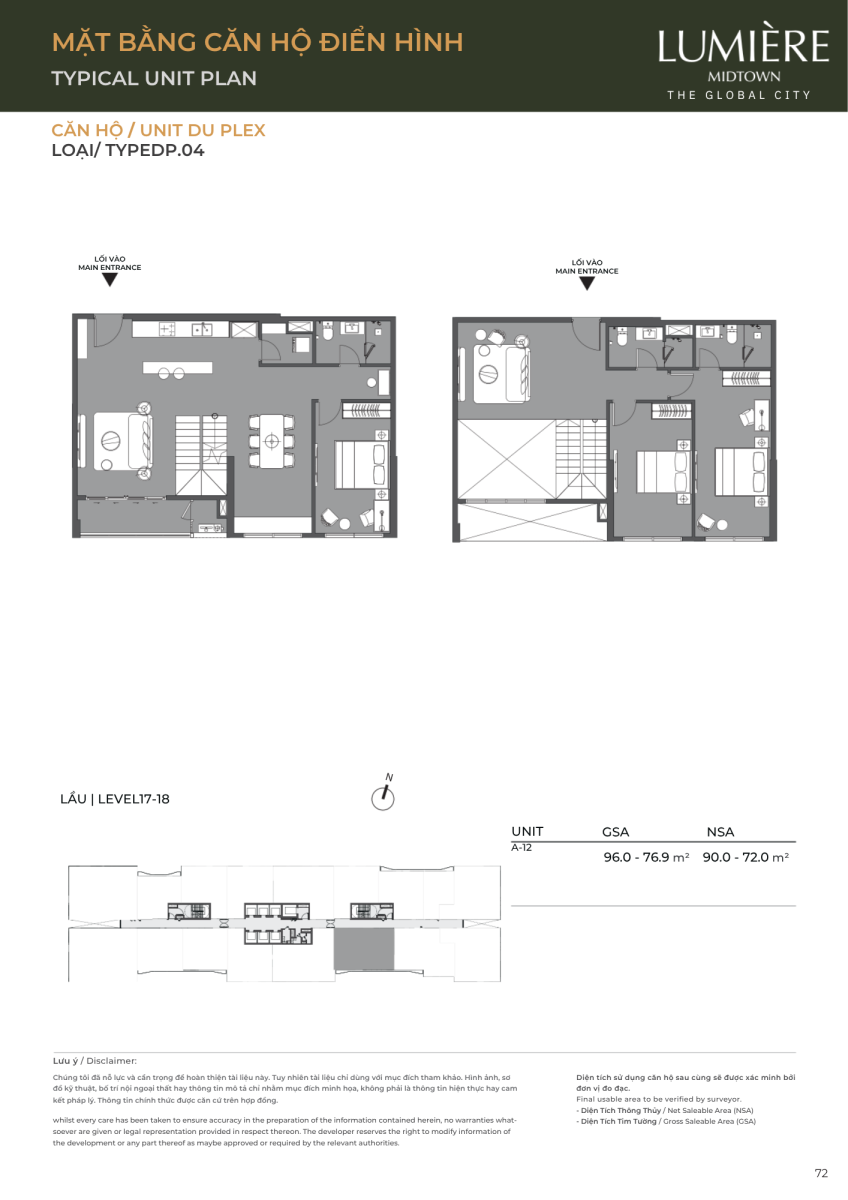 Mặt bằng căn hộ duplex 96.0m2 dự án Lumiere Midtown The Global City