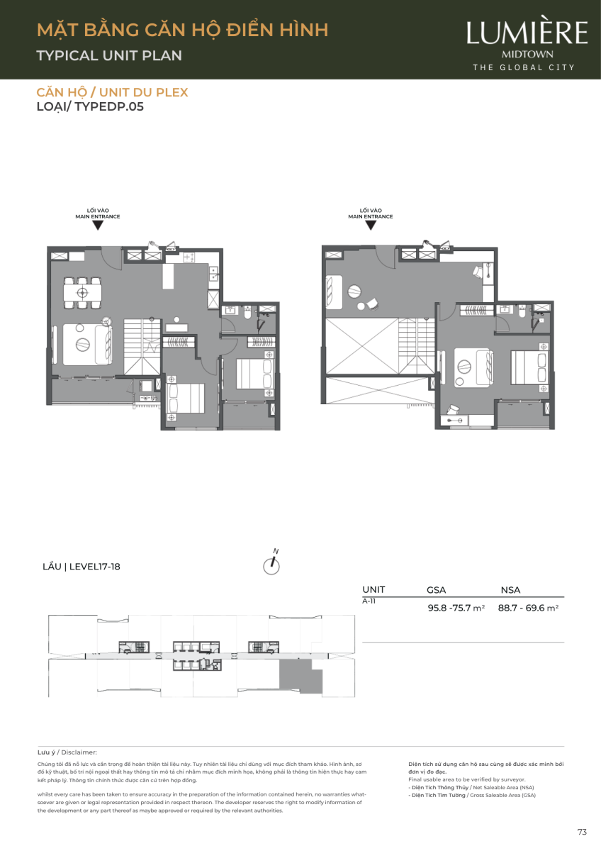 Mặt bằng căn hộ duplex 95.8m2 dự án Lumiere Midtown The Global City