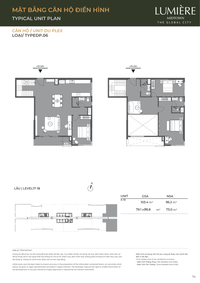 Mặt bằng căn hộ duplex 103.4m2 dự án Lumiere Midtown The Global City