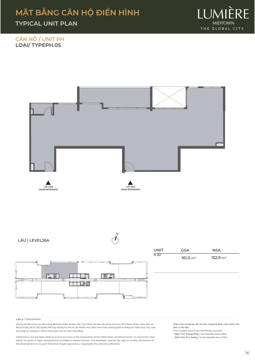 Mặt bằng căn hộ penthouse 161.0m2 dự án Lumiere Midtown The Global City