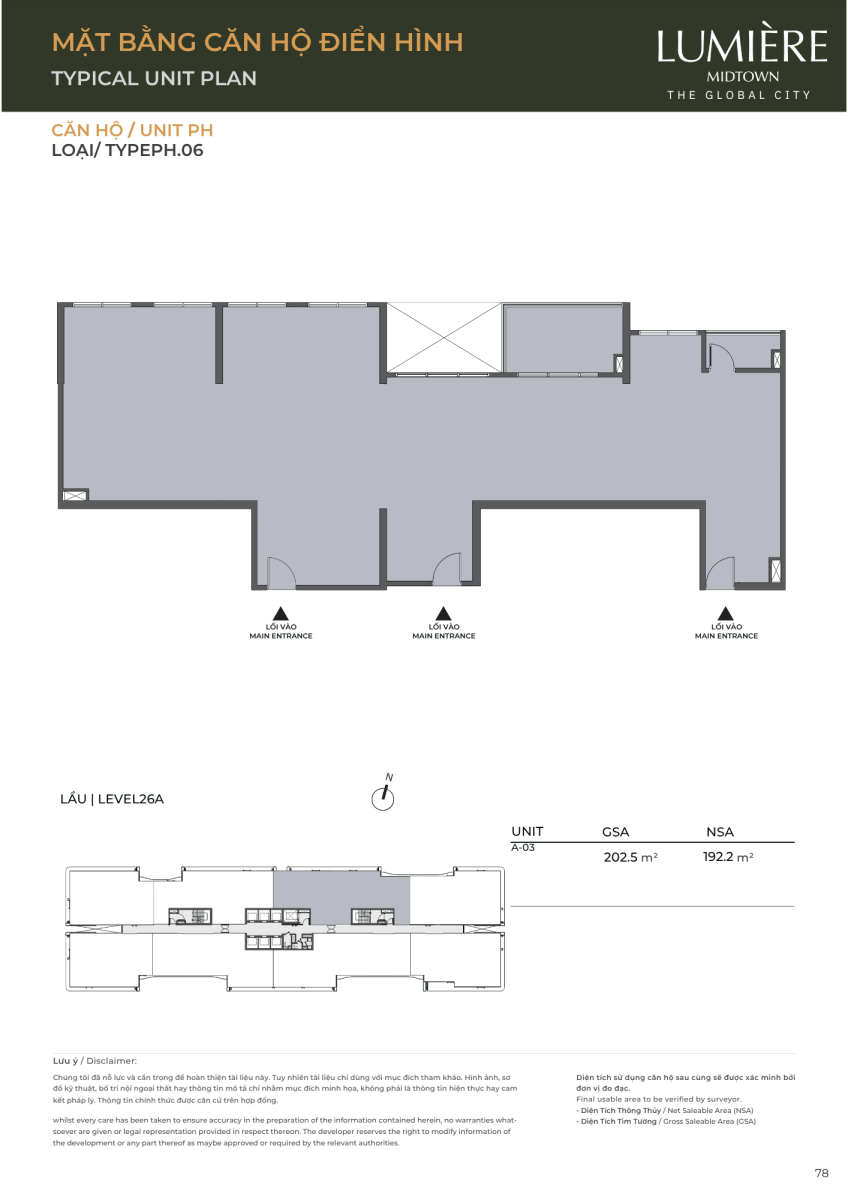 Mặt bằng căn hộ penthouse 202.5m2 dự án Lumiere Midtown The Global City