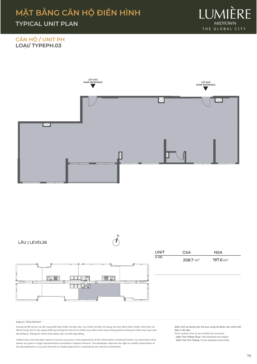 Mặt bằng căn hộ penthouse 208.7m2 dự án Lumiere Midtown The Global City