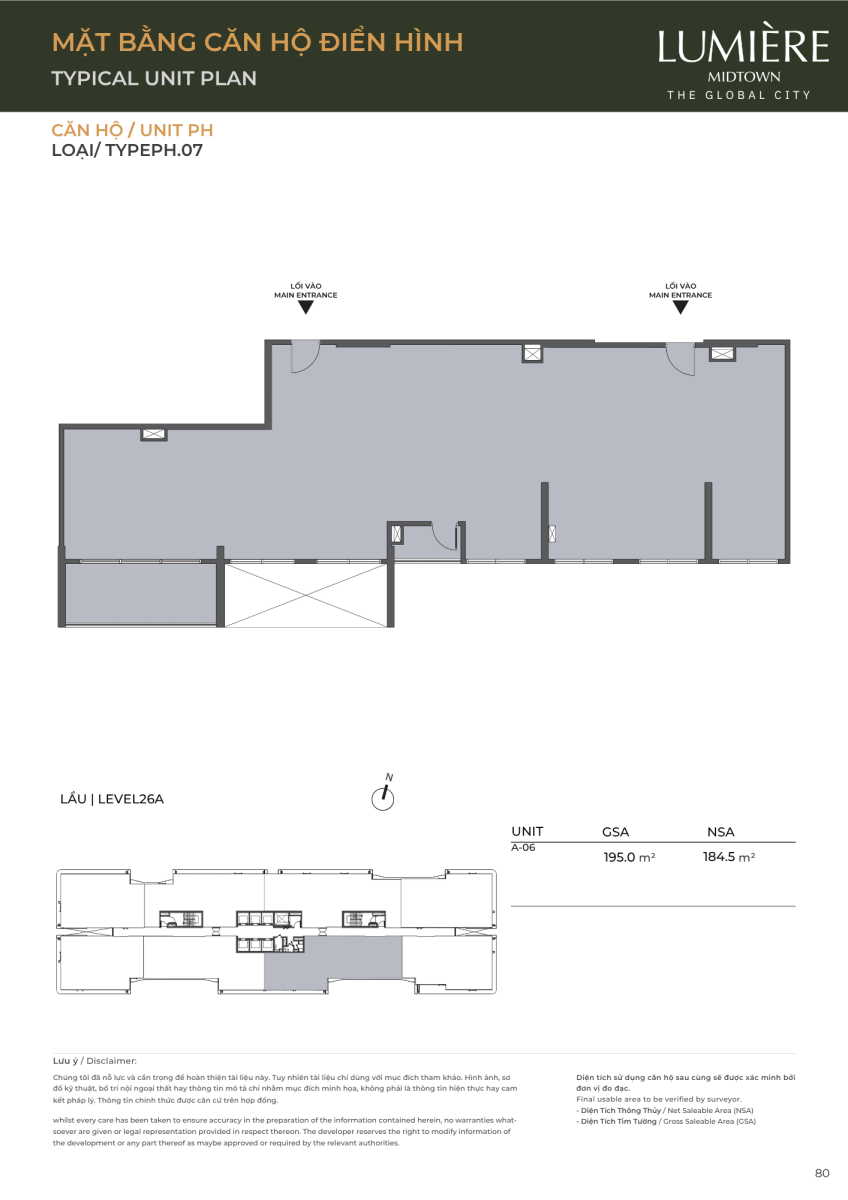 Mặt bằng căn hộ penthouse 195.0m2 dự án Lumiere Midtown The Global City