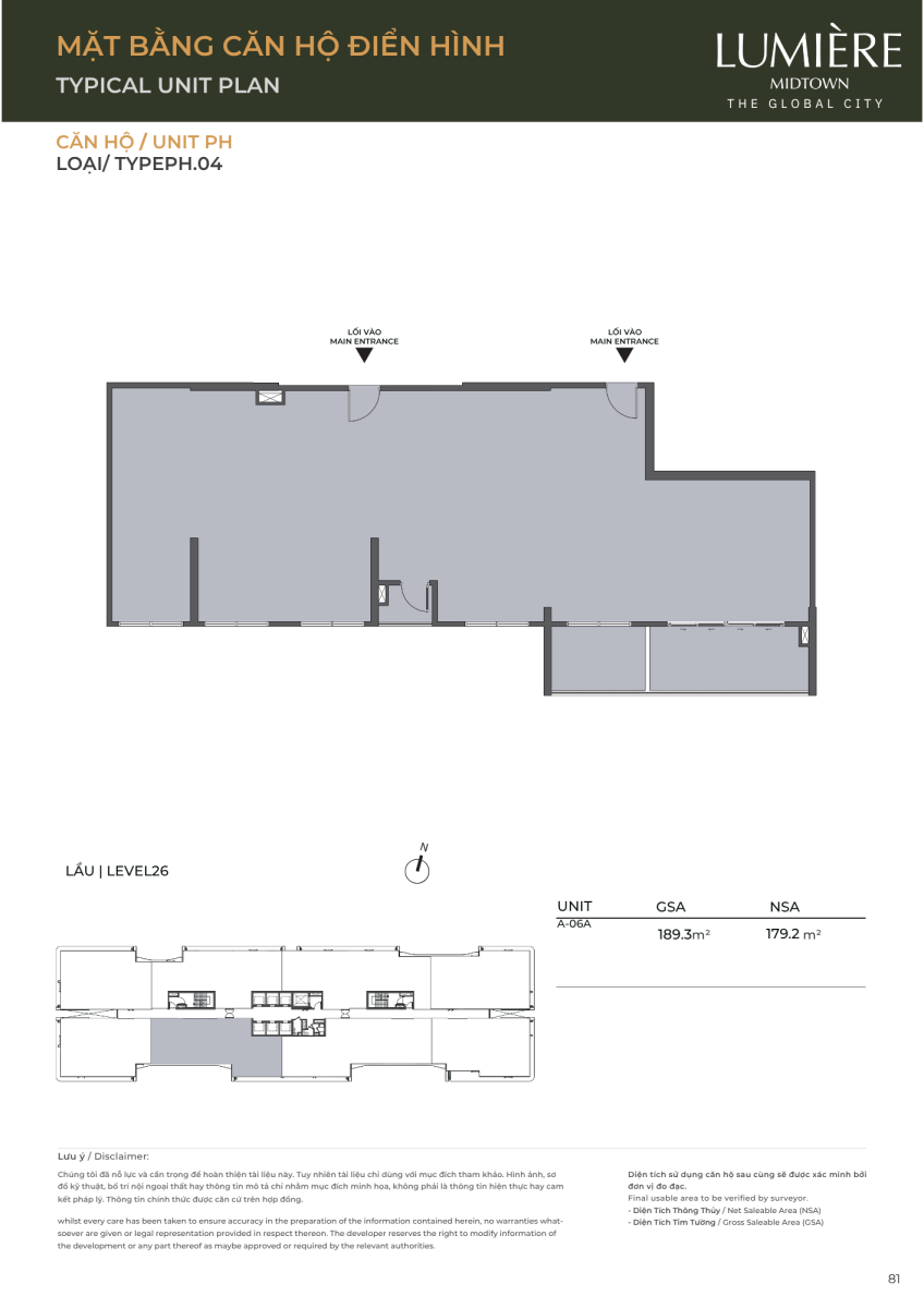 Mặt bằng căn hộ penthouse 189.3m2 dự án Lumiere Midtown The Global City