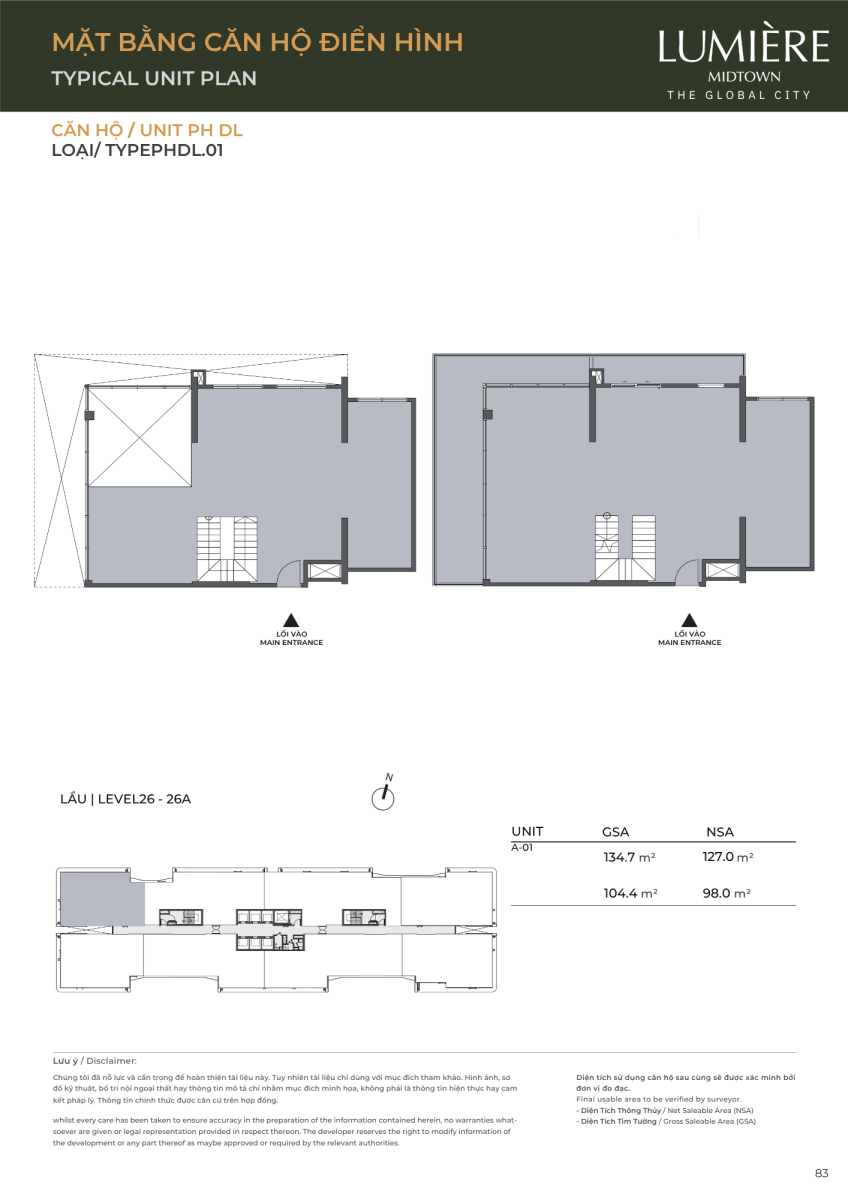 Mặt bằng căn hộ penthouse duplex 134.7m2 dự án Lumiere Midtown The Global City