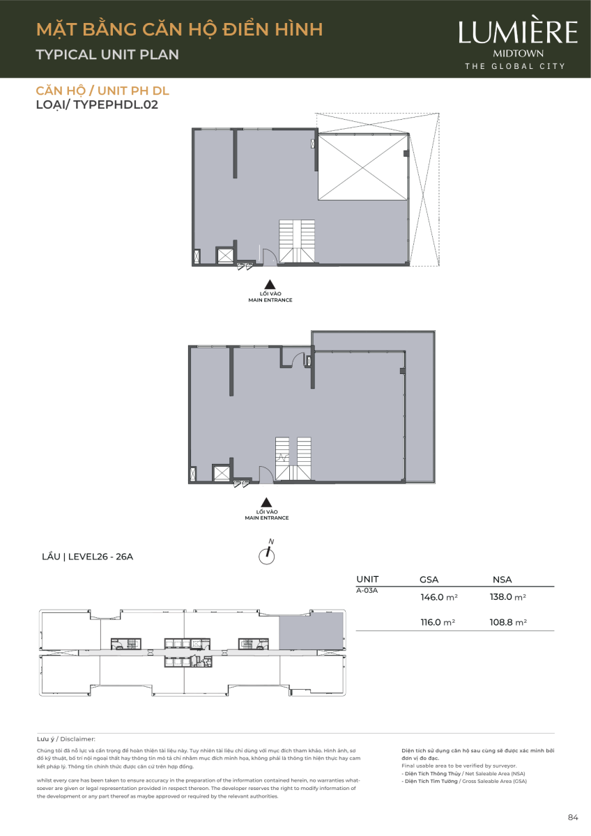 Mặt bằng căn hộ penthouse duplex 146.0m2 dự án Lumiere Midtown The Global City