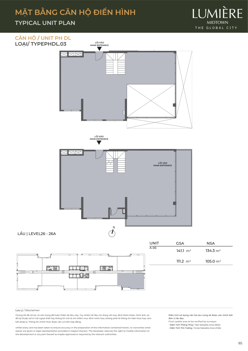 Mặt bằng căn hộ penthouse duplex 141.1m2 dự án Lumiere Midtown The Global City