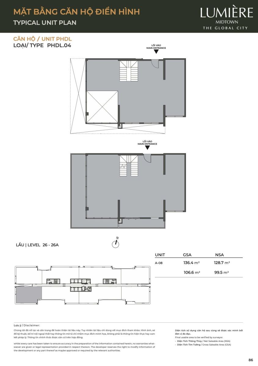 Mặt bằng căn hộ penthouse duplex 136.4m2 dự án Lumiere Midtown The Global City