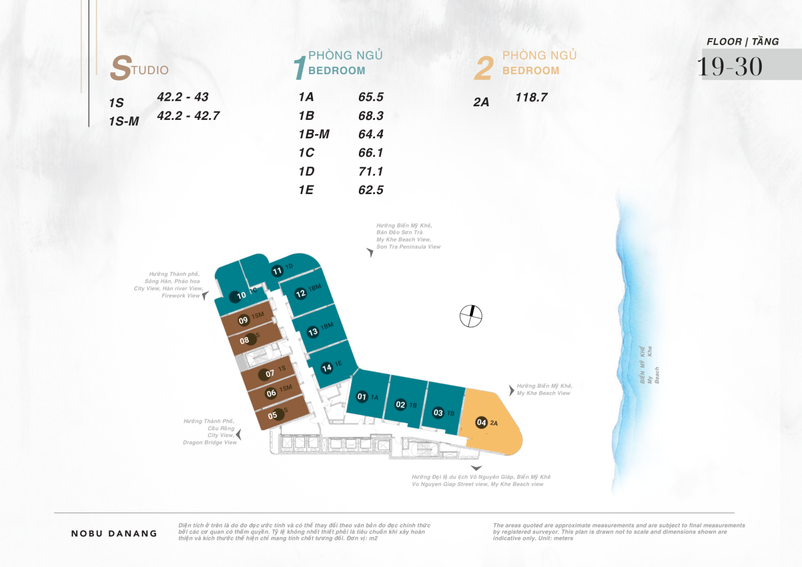 Mặt bằng tầng căn hộ: Studio, 1 phòng ngủ, 2 phòng ngủ từ tầng 19-30 dự án Nobu Hotel và Residences Đà Nẵng
