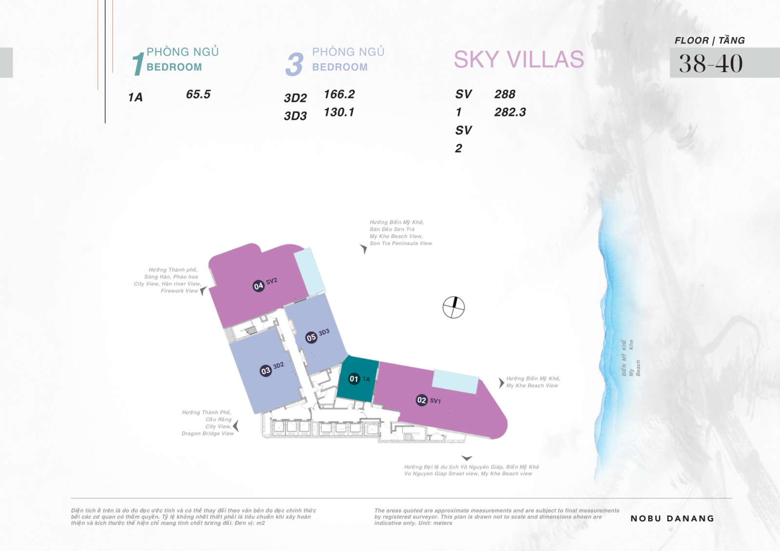 Mặt bằng tầng căn hộ: 1 phòng ngủ, 3 phòng ngủ, Sky Villas từ tầng 38-40 dự án Nobu Hotel và Residences Đà Nẵng